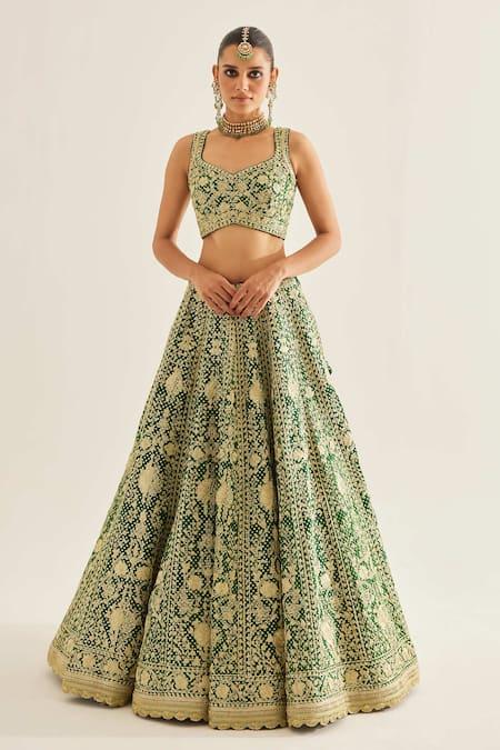 Buy_Shyam Narayan Prasad_Green Silk, Organza Embroidery, Tassels, Zari V-neck Floral Lehenga Set _Online_at_Aza_Fashions