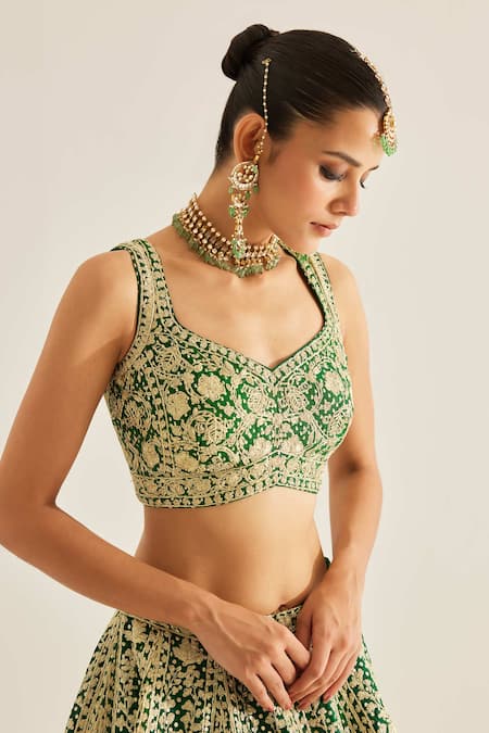Shop_Shyam Narayan Prasad_Green Silk, Organza Embroidery, Tassels, Zari V-neck Floral Lehenga Set _Online_at_Aza_Fashions