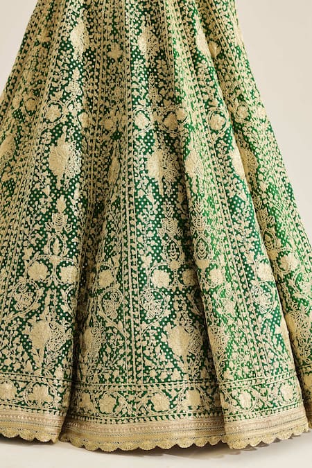 Shyam Narayan Prasad_Green Silk, Organza Embroidery, Tassels, Zari V-neck Floral Lehenga Set _at_Aza_Fashions