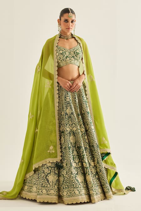 Buy_Shyam Narayan Prasad_Green Silk, Organza Embroidery, Tassels, Zari V-neck Floral Lehenga Set 