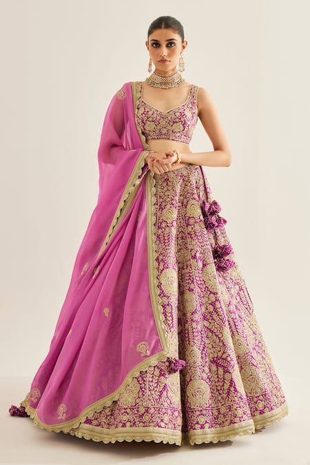 Shyam Narayan Prasad Purple Silk Embroidered Zari Work Leaf Neck Botanic Lehenga Set 