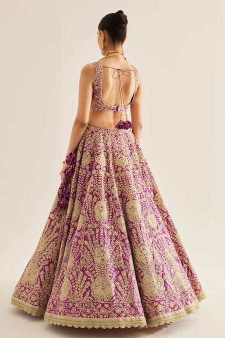 Shop_Shyam Narayan Prasad_Purple Silk, Organza Embroidery, Cut Work, Tassels Botanic Zari Lehenga Set _at_Aza_Fashions