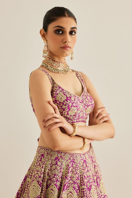 Shyam Narayan Prasad_Purple Silk, Organza Embroidery, Cut Work, Tassels Botanic Zari Lehenga Set _Online_at_Aza_Fashions