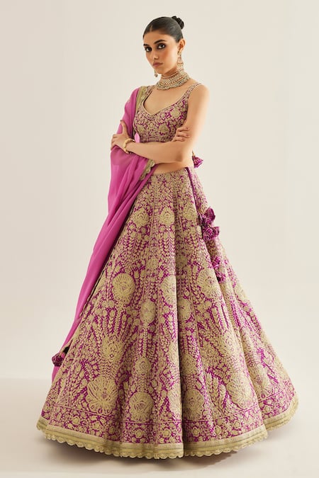 Shop_Shyam Narayan Prasad_Purple Silk, Organza Embroidery, Cut Work, Tassels Botanic Zari Lehenga Set _Online_at_Aza_Fashions