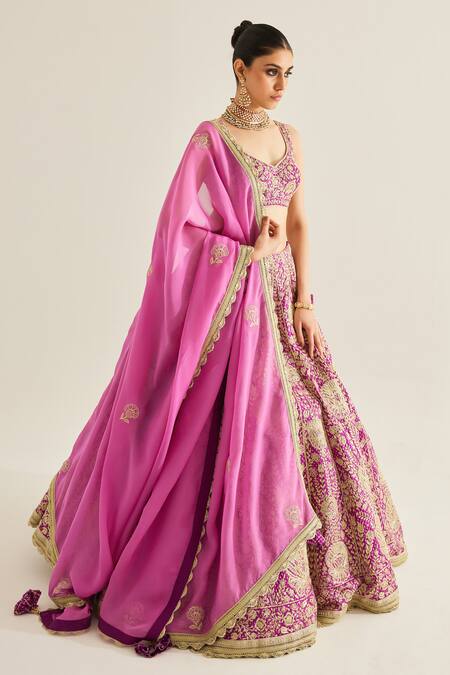 Buy_Shyam Narayan Prasad_Purple Silk, Organza Embroidery, Cut Work, Tassels Botanic Zari Lehenga Set 
