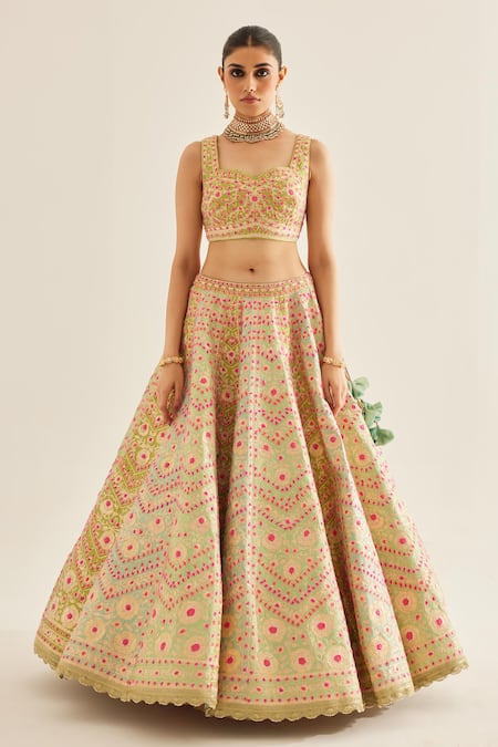 Shyam Narayan Prasad_Green Silk, Net Embroidery, Lace, Tassels Sweetheart Neck Gota Lehenga Set _Online_at_Aza_Fashions