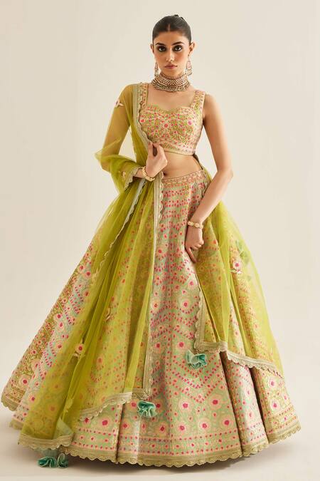 Shyam Narayan Prasad_Green Silk, Net Embroidery, Lace, Tassels Sweetheart Neck Gota Lehenga Set _at_Aza_Fashions