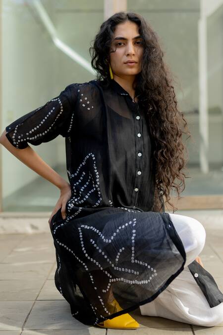 Silai Studio Black Chanderi Collared Bandhej Leaf Tunic With Inner at Aza Fashions Silai Studio_Black Chanderi Collared Bandhej Leaf Tunic With Inner _at_Aza_Fashions