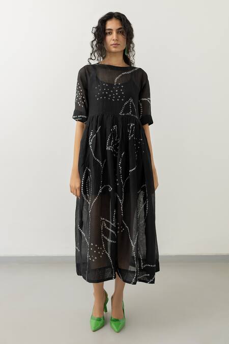 Buy_Silai Studio_Black Chanderi Embroidery Boat Neck Bandhej Midi Dress With Inner _Online_at_Aza_Fashions