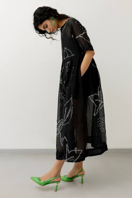 Shop_Silai Studio_Black Chanderi Embroidery Boat Neck Bandhej Midi Dress With Inner _Online_at_Aza_Fashions
