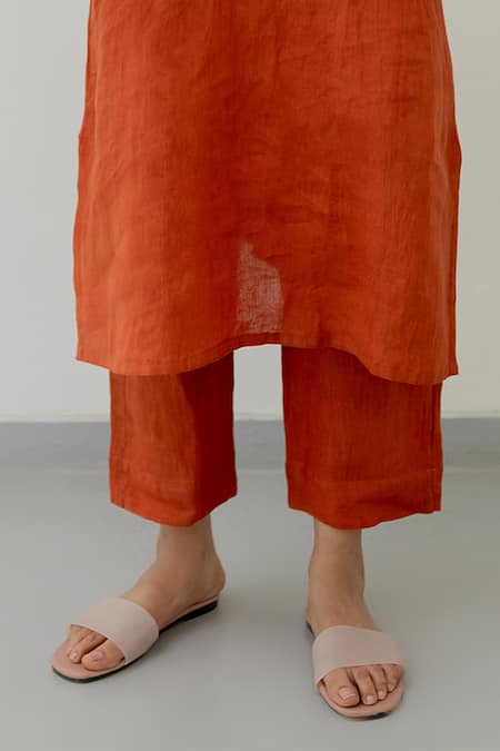 Silai Studio_Orange Linen Sequins Boat Neck Yoke Embroidered Kurta With Pant _Online_at_Aza_Fashions