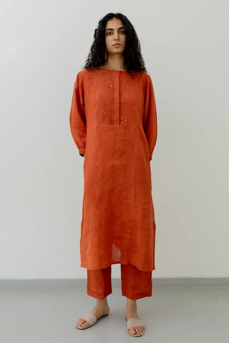 Buy_Silai Studio_Orange Linen Sequins Boat Neck Yoke Embroidered Kurta With Pant _Online_at_Aza_Fashions