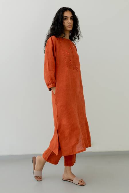 Shop_Silai Studio_Orange Linen Sequins Boat Neck Yoke Embroidered Kurta With Pant _Online_at_Aza_Fashions