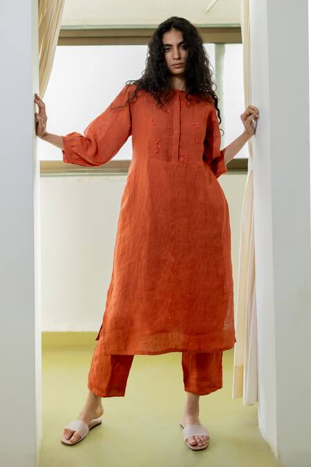 Silai Studio Orange Linen Sequins Boat Neck Yoke Embroidered Kurta at Aza Fashions Silai Studio_Orange Linen Sequins Boat Neck Yoke Embroidered Kurta _at_Aza_Fashions