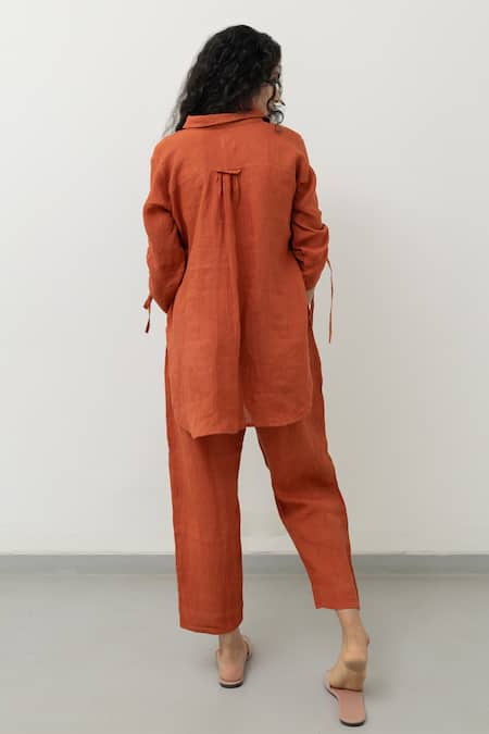 Shop_Silai Studio_Orange Linen Embroidery Collared Ruched Tie-up Sleeves Shirt With Pant _at_Aza_Fashions