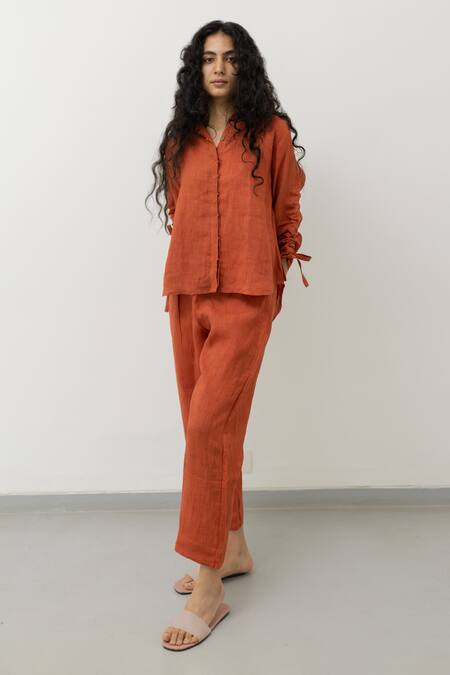 Silai Studio_Orange Linen Embroidery Collared Ruched Tie-up Sleeves Shirt With Pant _Online_at_Aza_Fashions