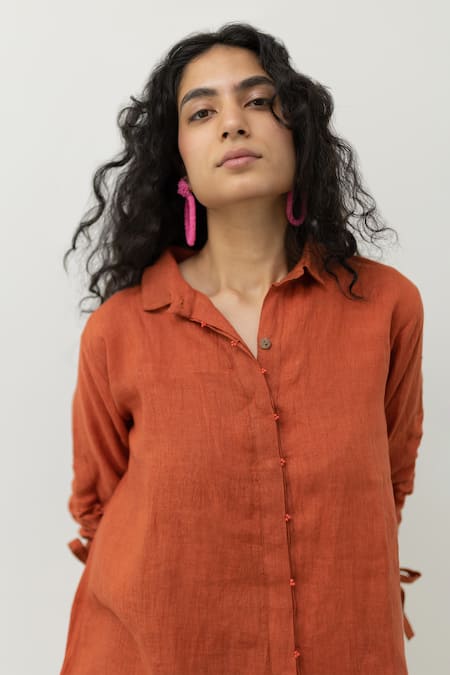 Buy_Silai Studio_Orange Linen Embroidery Collared Ruched Tie-up Sleeves Shirt With Pant _Online_at_Aza_Fashions