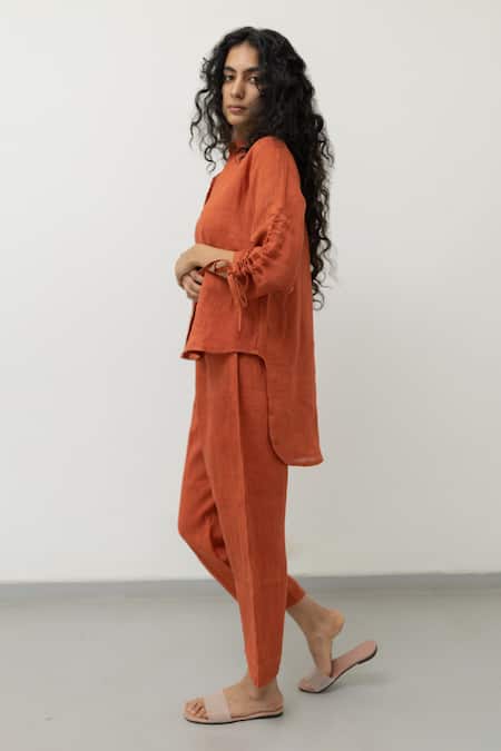Shop_Silai Studio_Orange Linen Embroidery Collared Ruched Tie-up Sleeves Shirt With Pant _Online_at_Aza_Fashions
