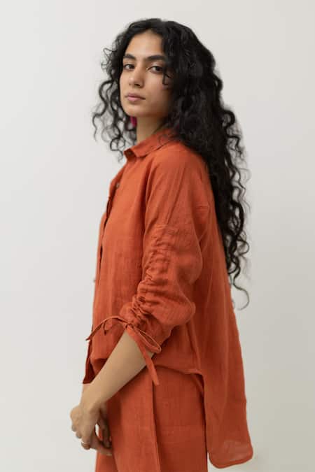 Silai Studio_Orange Linen Embroidery Collared Ruched Tie-up Sleeves Shirt With Pant _at_Aza_Fashions