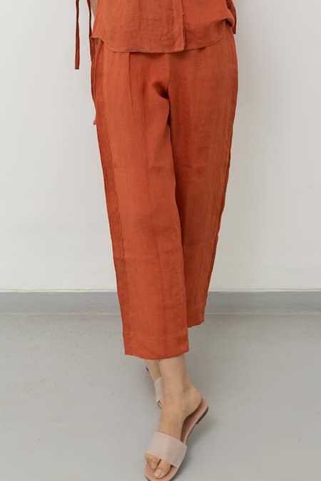 Buy_Silai Studio_Orange Linen Embroidery Collared Ruched Tie-up Sleeves Shirt With Pant 