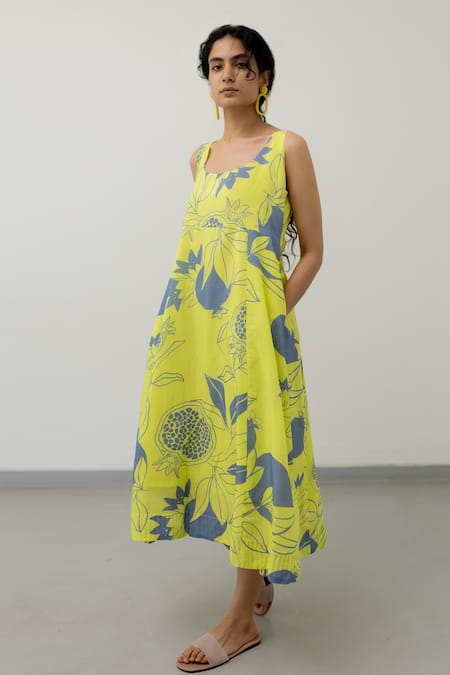 Silai Studio Yellow Silk Print Anaar Scoop Garden Dress  