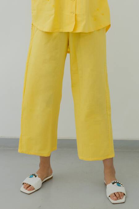 Buy_Silai Studio_Yellow Cotton Sequins Collared High Low Shirt And Pant Set_Online_at_Aza_Fashions