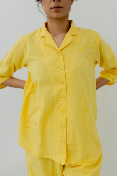 Shop_Silai Studio_Yellow Cotton Sequins Collared High Low Shirt And Pant Set_Online_at_Aza_Fashions