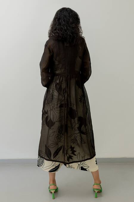 Shop_Silai Studio_Black Cotton Open Neck Solid Jacket Printed Pant Set_at_Aza_Fashions