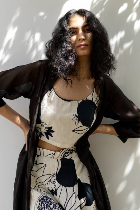 Silai Studio_Black Cotton Open Neck Solid Jacket Printed Pant Set_Online_at_Aza_Fashions