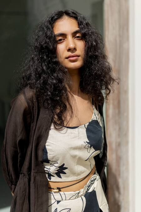 Buy_Silai Studio_Black Cotton Open Neck Solid Jacket Printed Pant Set_Online_at_Aza_Fashions