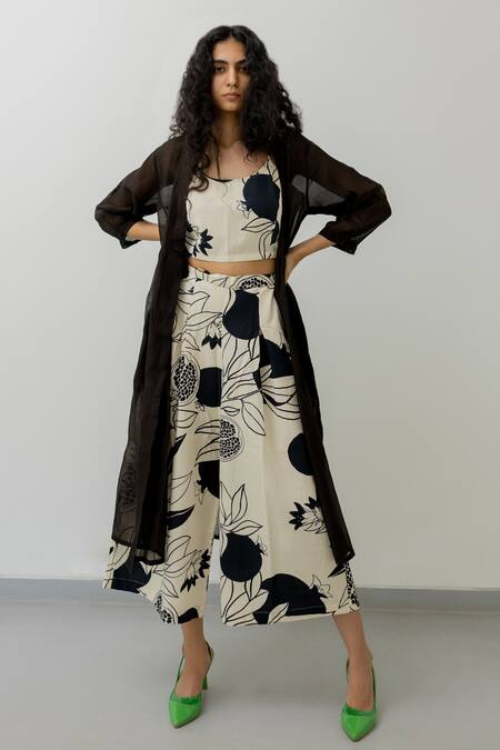 Shop_Silai Studio_Black Cotton Open Neck Solid Jacket Printed Pant Set_Online_at_Aza_Fashions