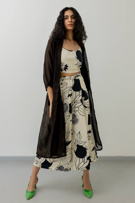 Silai Studio_Black Cotton Open Neck Solid Jacket Printed Pant Set_at_Aza_Fashions