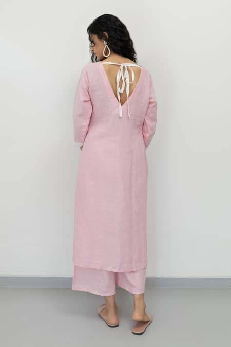 Shop_Silai Studio_Pink Linen V-neck Straight Kurta And Palazzo Set _at_Aza_Fashions