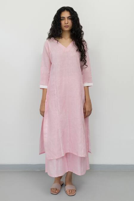 Silai Studio_Pink Linen V-neck Straight Kurta And Palazzo Set _Online_at_Aza_Fashions