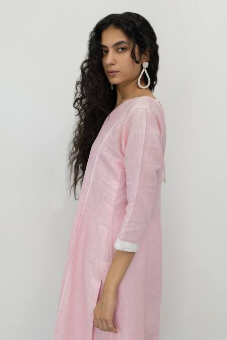 Shop_Silai Studio_Pink Linen V-neck Straight Kurta And Palazzo Set _Online_at_Aza_Fashions