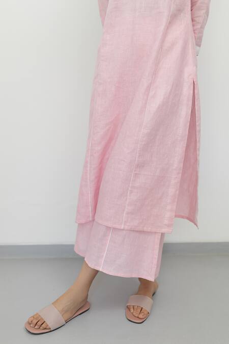 Silai Studio_Pink Linen V-neck Straight Kurta And Palazzo Set _at_Aza_Fashions
