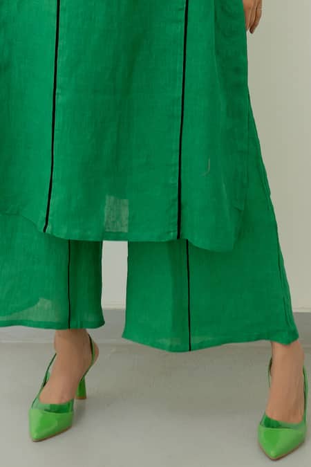 Shop Silai Studio Green Linen V-neck Kurta And Palazzo Set Online at Aza Fashions Shop_Silai Studio_Green Linen V-neck Kurta And Palazzo Set _Online_at_Aza_Fashions