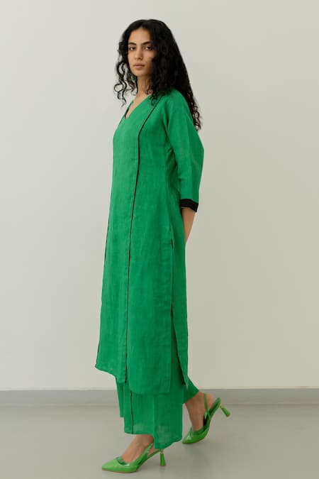 Buy Silai Studio Green Linen V-neck Kurta And Palazzo Set Buy_Silai Studio_Green Linen V-neck Kurta And Palazzo Set