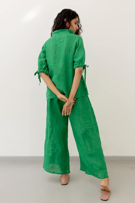 Shop Silai Studio Green Linen Collared Solid Tie-knot Sleeve Top And Pant Set at Aza Fashions Shop_Silai Studio_Green Linen Collared Solid Tie-knot Sleeve Top And Pant Set _at_Aza_Fashions