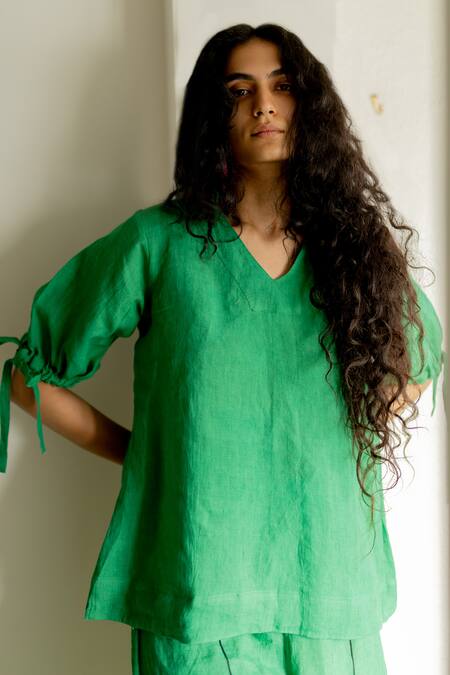 Silai Studio Green Linen Collared Solid Tie-knot Sleeve Top And Pant Set Online at Aza Fashions Silai Studio_Green Linen Collared Solid Tie-knot Sleeve Top And Pant Set _Online_at_Aza_Fashions