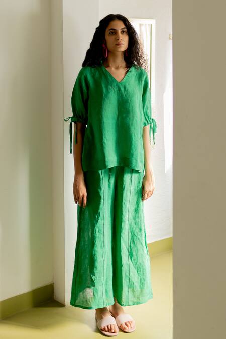 Buy Silai Studio Green Linen Collared Solid Tie-knot Sleeve Top And Pant Set Online at Aza Fashions Buy_Silai Studio_Green Linen Collared Solid Tie-knot Sleeve Top And Pant Set _Online_at_Aza_Fashions