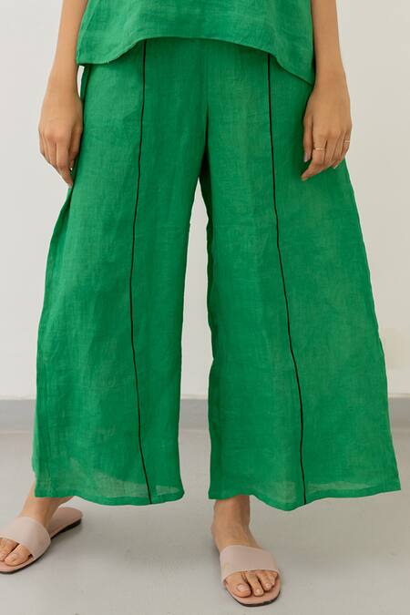 Silai Studio Green Linen Collared Solid Tie-knot Sleeve Top And Pant Set at Aza Fashions Silai Studio_Green Linen Collared Solid Tie-knot Sleeve Top And Pant Set _at_Aza_Fashions