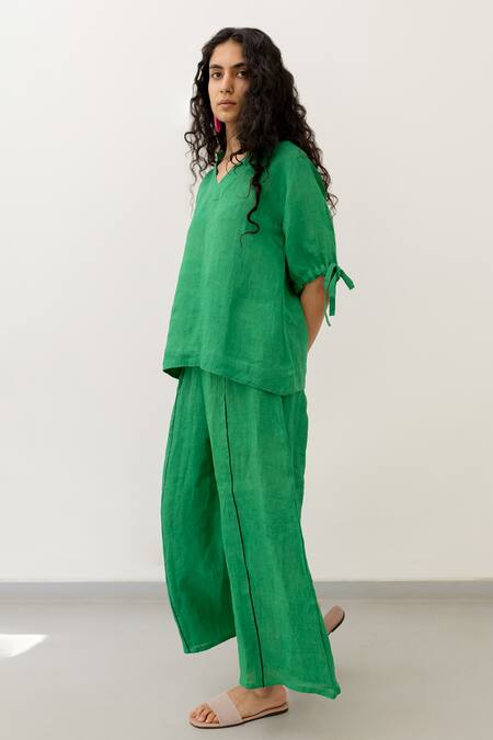 Buy Silai Studio Green Linen Collared Solid Tie-knot Sleeve Top And Pant Set Buy_Silai Studio_Green Linen Collared Solid Tie-knot Sleeve Top And Pant Set
