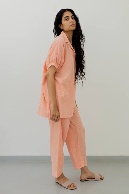 Buy_Silai Studio_Pink Cotton Sequins Collared Embroidered Shirt And Pant Set_Online_at_Aza_Fashions