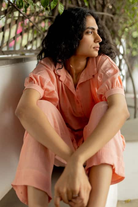 Buy_Silai Studio_Pink Cotton Sequins Collared Embroidered Shirt And Pant Set