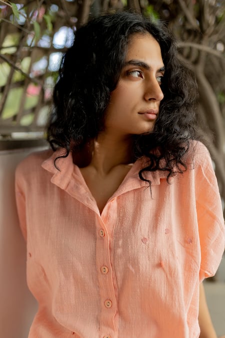 Shop_Silai Studio_Pink Cotton Sequins Collared Embroidered Shirt And Pant Set