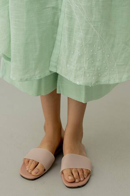 Silai Studio_Green Cotton Beads Collared A-line Embroidered Tunic And Pant Set _Online_at_Aza_Fashions
