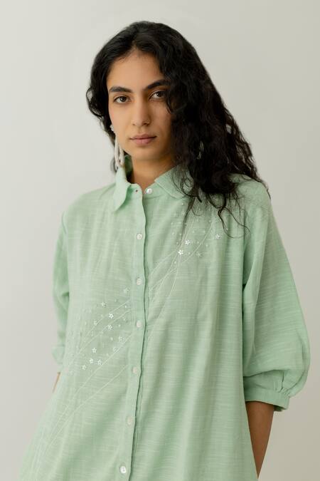 Shop_Silai Studio_Green Cotton Beads Collared A-line Embroidered Tunic And Pant Set _Online_at_Aza_Fashions