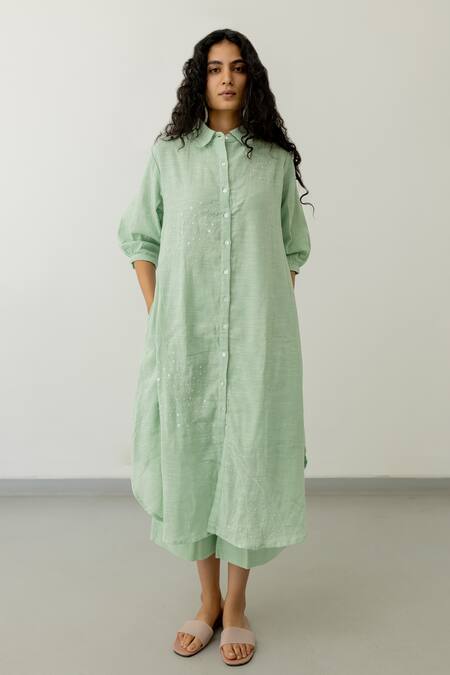 Silai Studio_Green Cotton Beads Collared A-line Embroidered Tunic _Online_at_Aza_Fashions