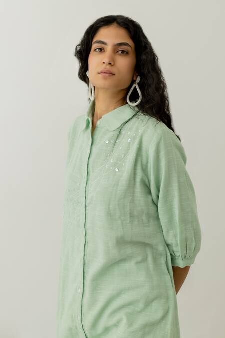 Shop_Silai Studio_Green Cotton Beads Collared A-line Embroidered Tunic _Online_at_Aza_Fashions